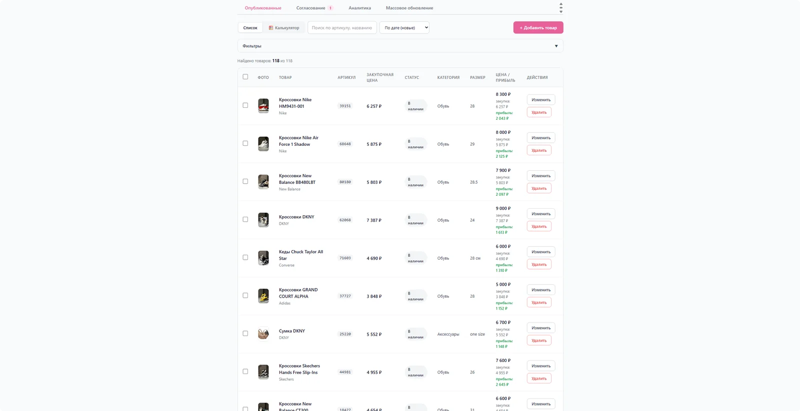 Админка PickMe — список товаров с фильтрами, поиском и сортировкой